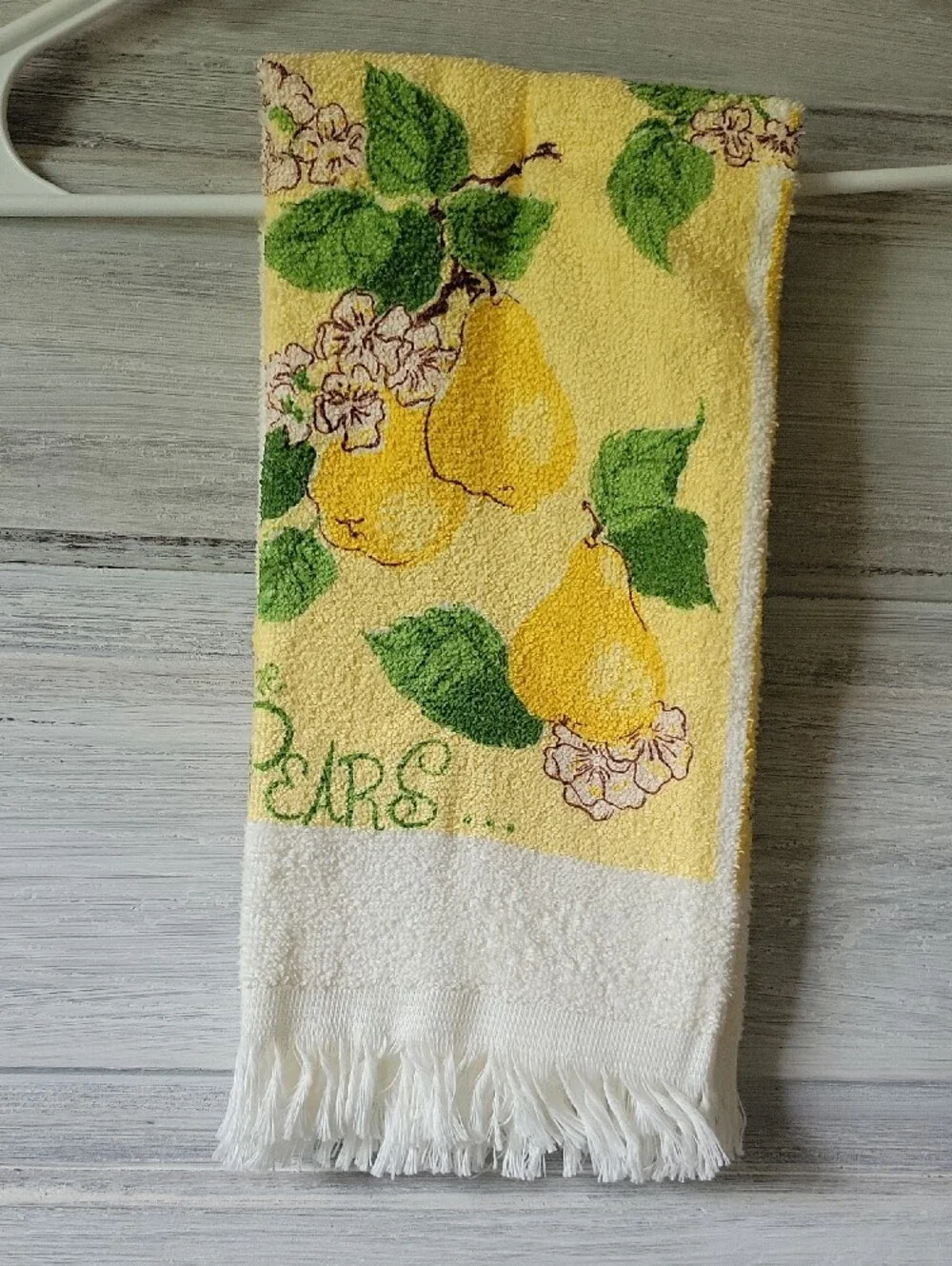 Vintage 1970s Zayre Terry Cloth Kitchen Towel  Fringed Yellow Apples Pears Retro